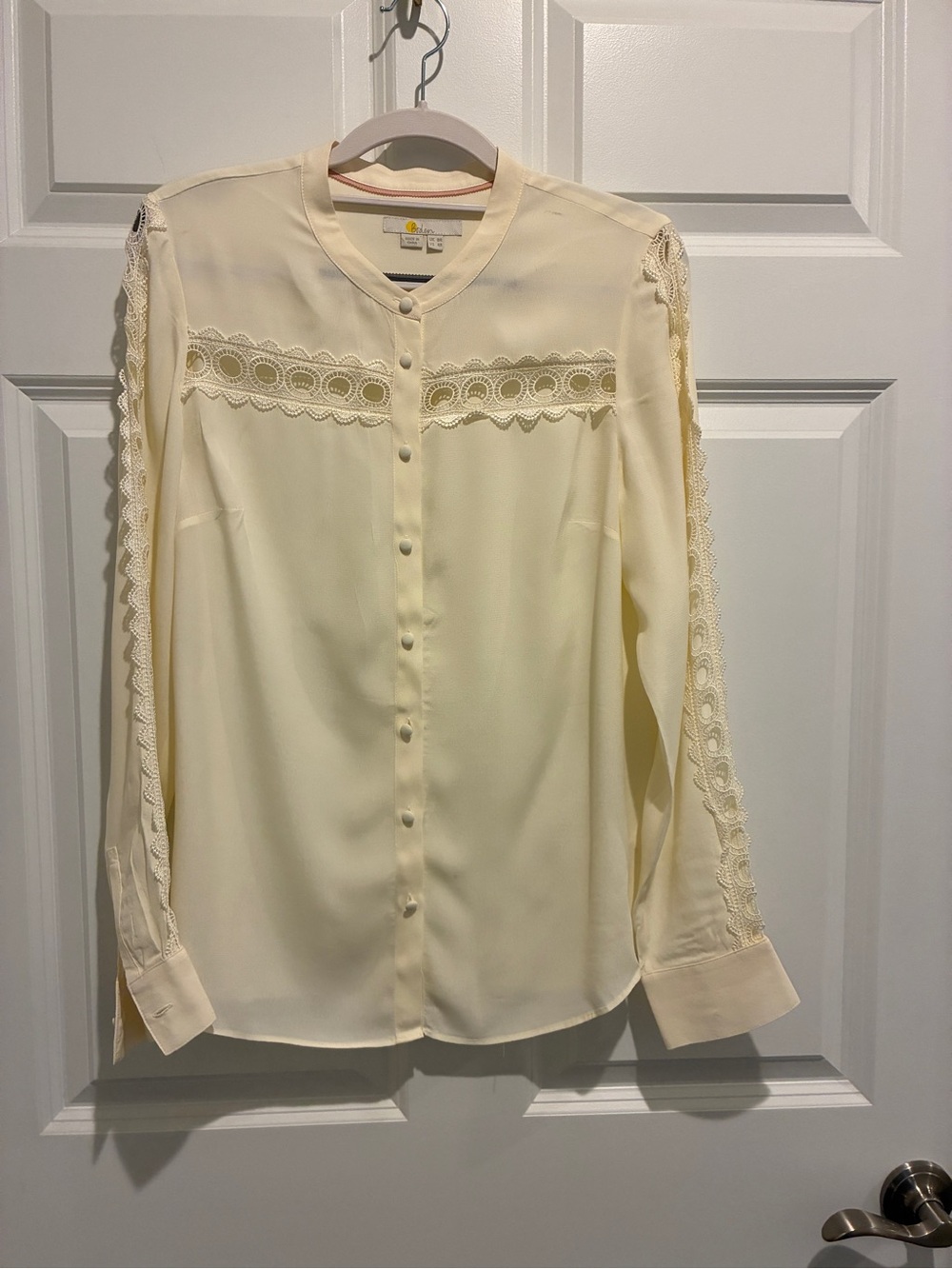 Boden Cream Lace-Trim Button-Down Blouse